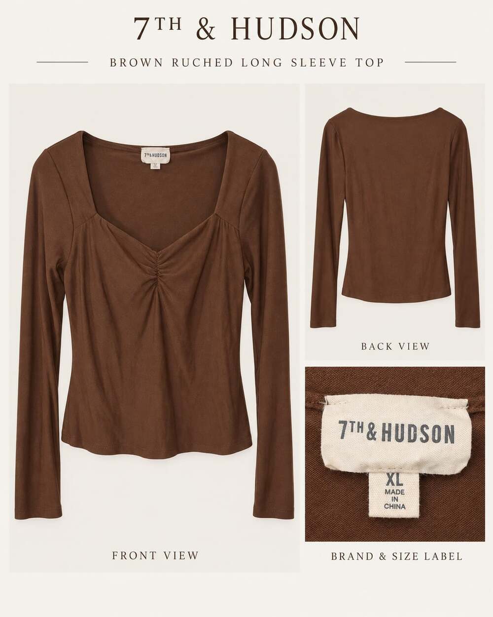 7th & Hudson Brown Ruched Long Sleeve Top